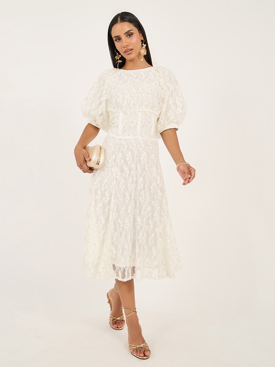 Lace Balloon Sleeves A-Line Midi Dress