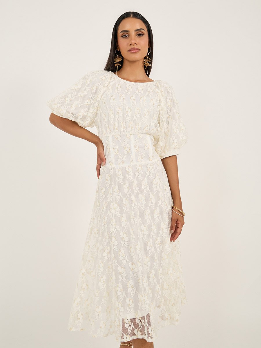 Lace Balloon Sleeves A-Line Midi Dress