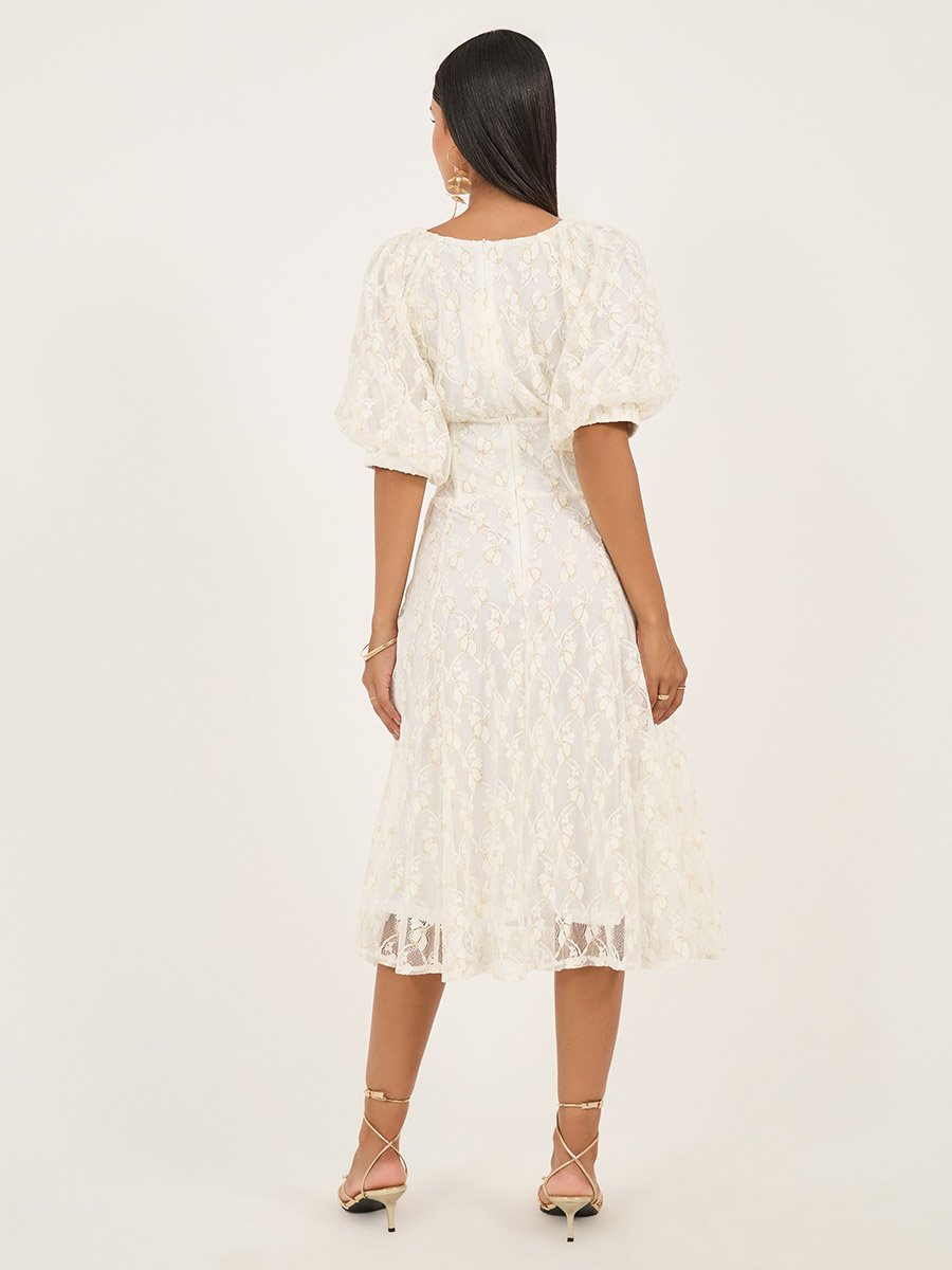 Lace Balloon Sleeves A-Line Midi Dress