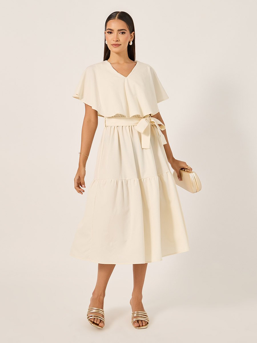Plain Cape Sleeves A-Line Midi Dress