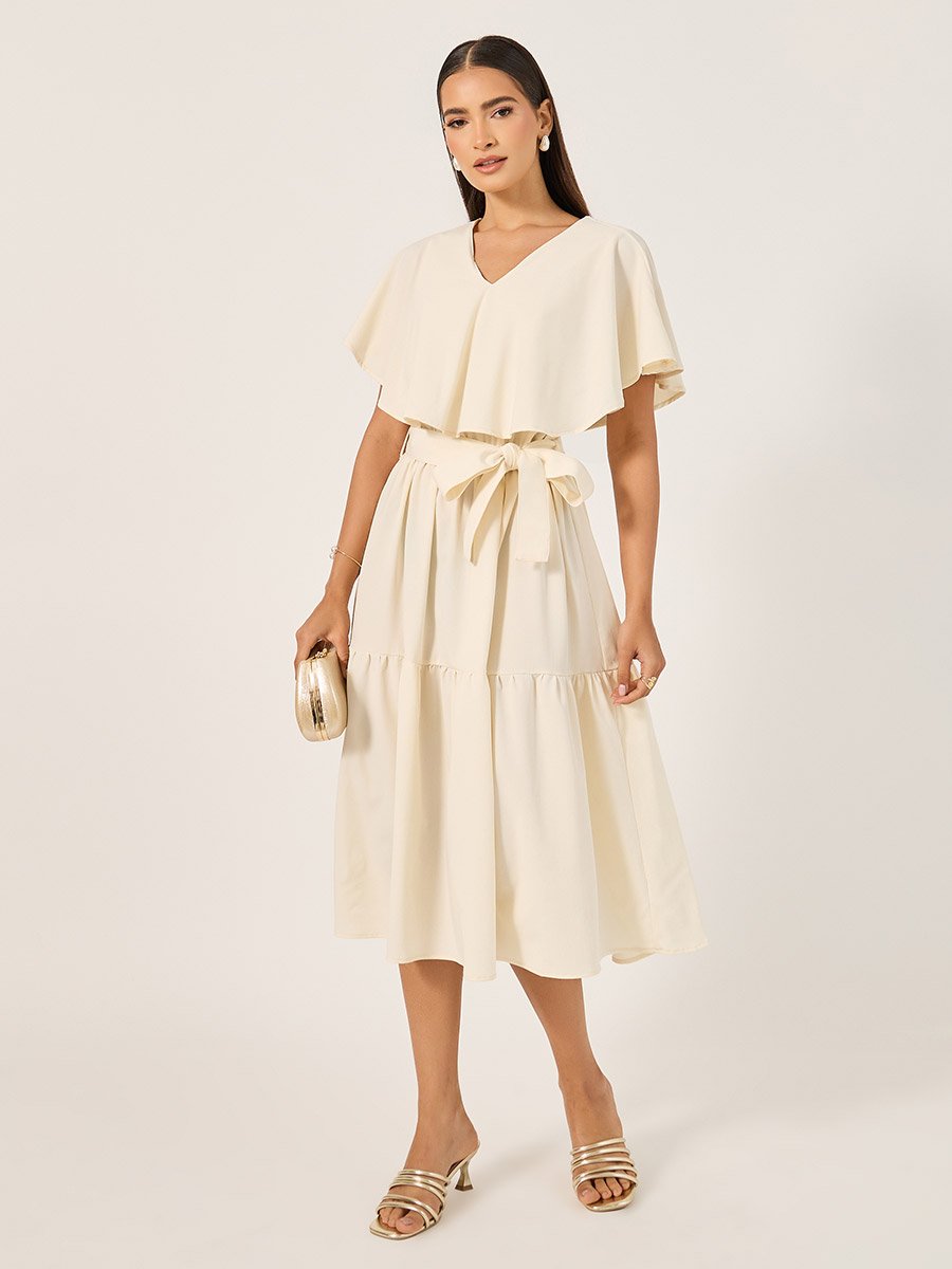 Plain Cape Sleeves A-Line Midi Dress