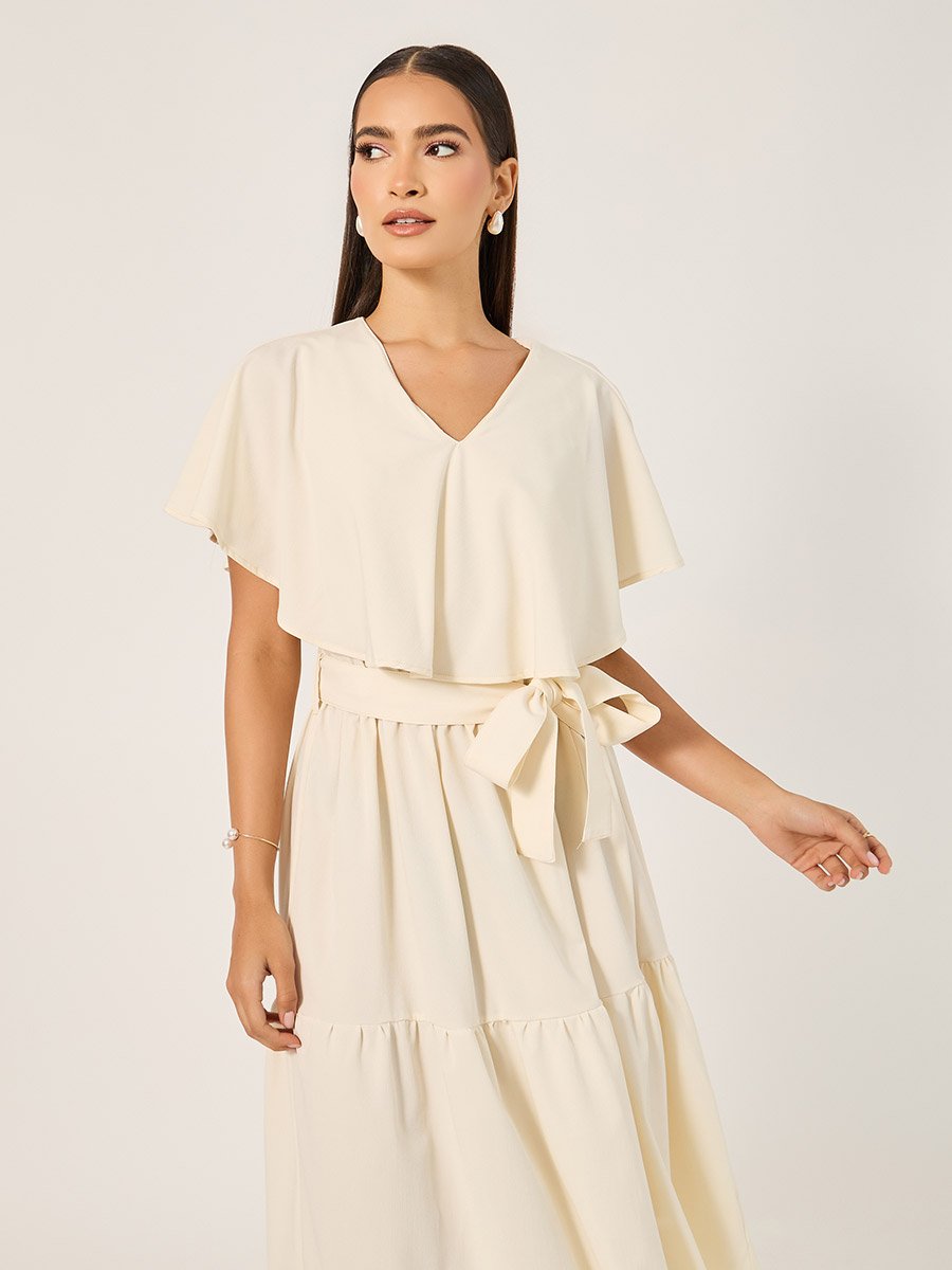 Plain Cape Sleeves A-Line Midi Dress