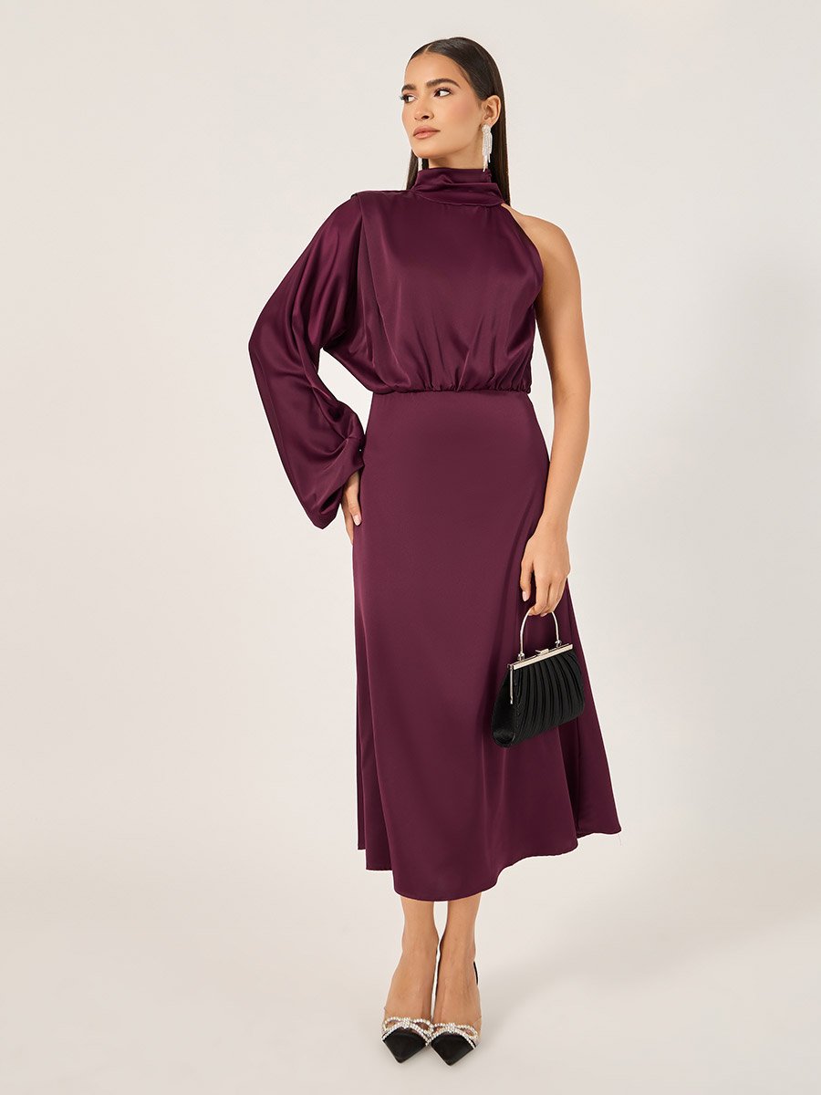 Plain One Shoulder A-Line Midi Dress