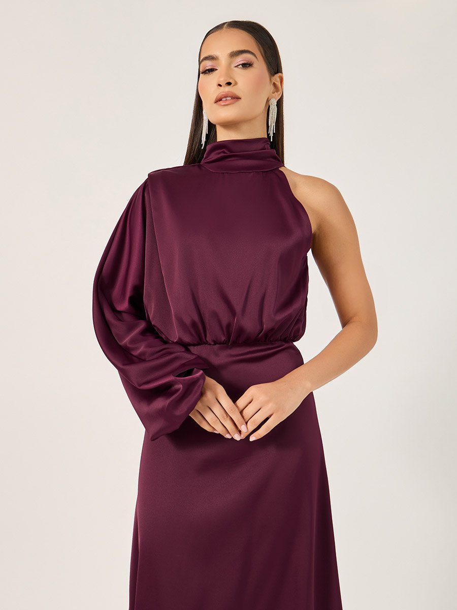 Plain One Shoulder A-Line Midi Dress