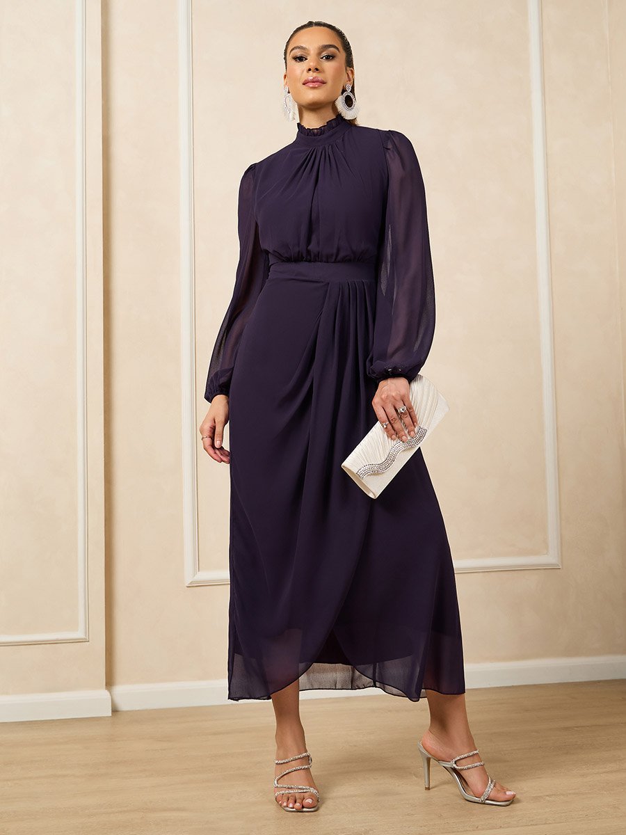 Plain Pleated Wrap Look Sheath Maxi Dress