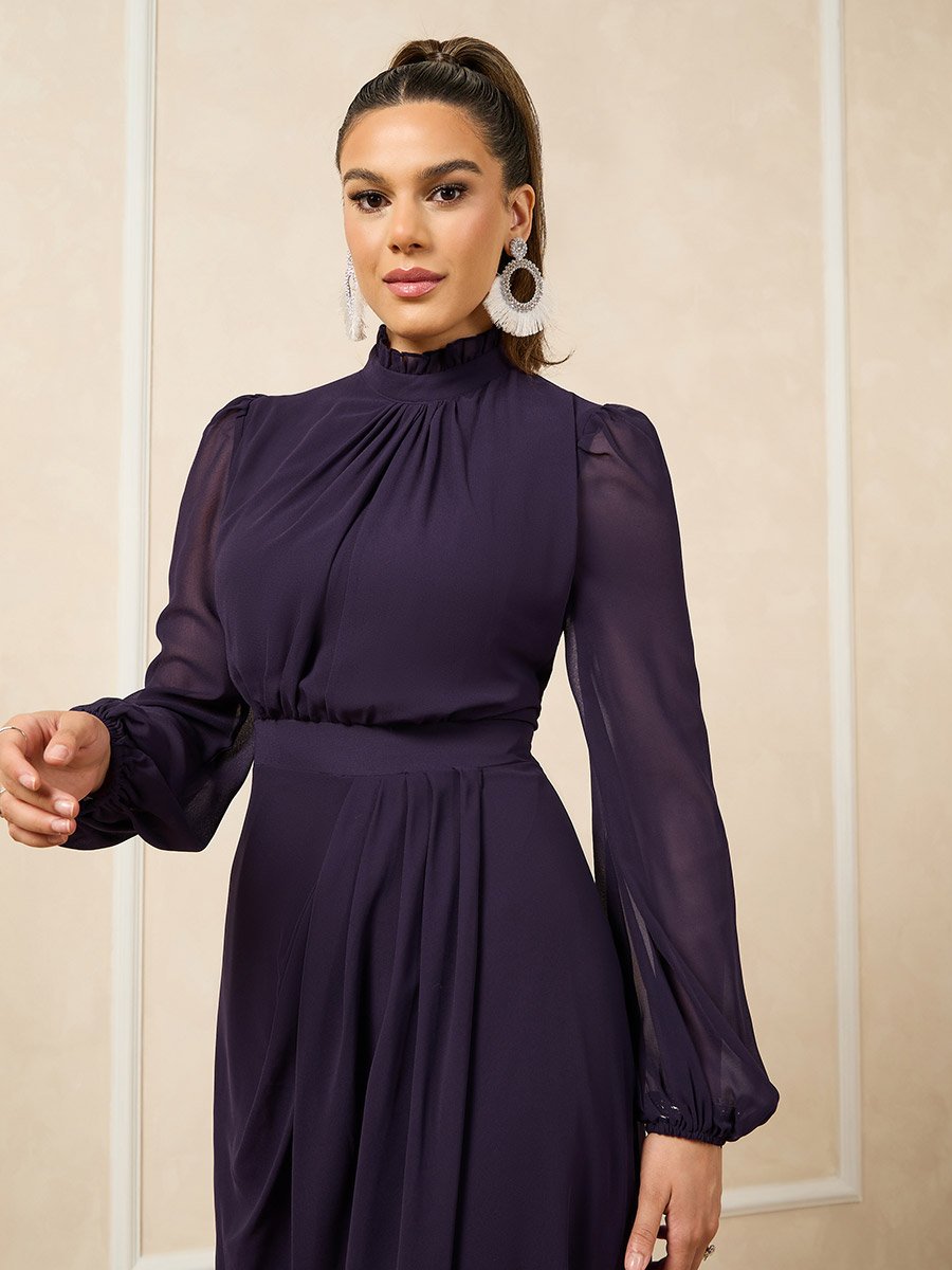 Plain Pleated Wrap Look Sheath Maxi Dress