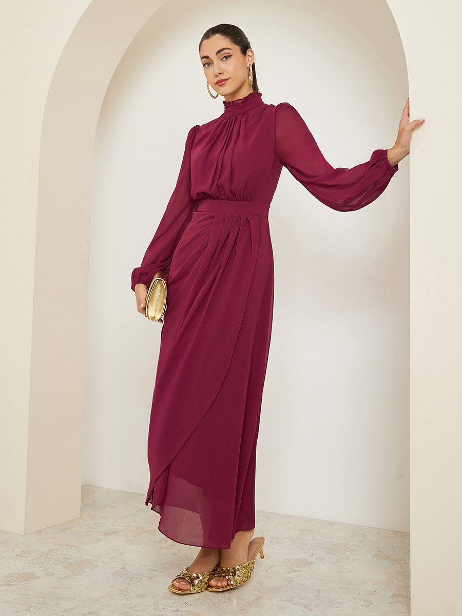 Red Long Sleeves Wrap Maxi Dress For Women at Kuwait | Styli