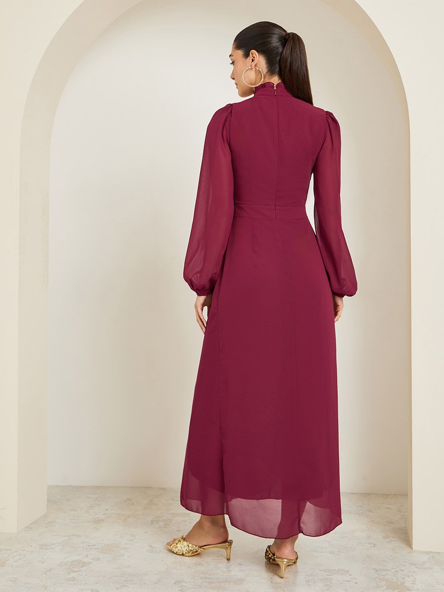 Red Long Sleeves Wrap Maxi Dress