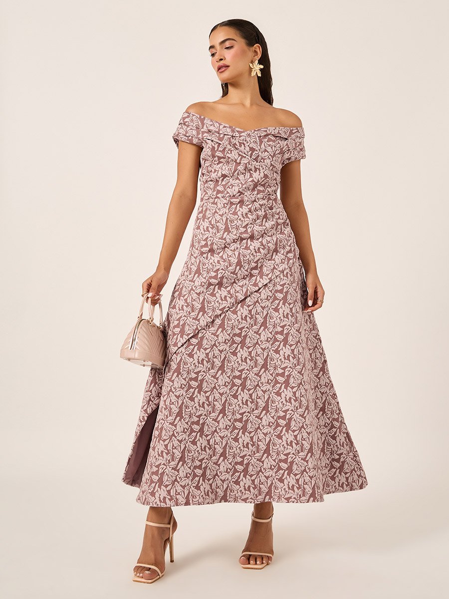 Textured Off Shoulder Neck Sheath Maxi Dress