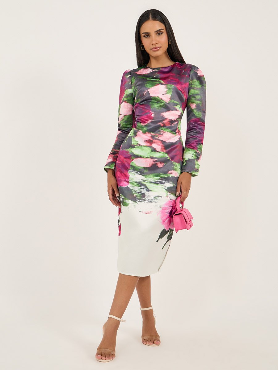 Floral Print Long Sleeves Sheath Midi Dress
