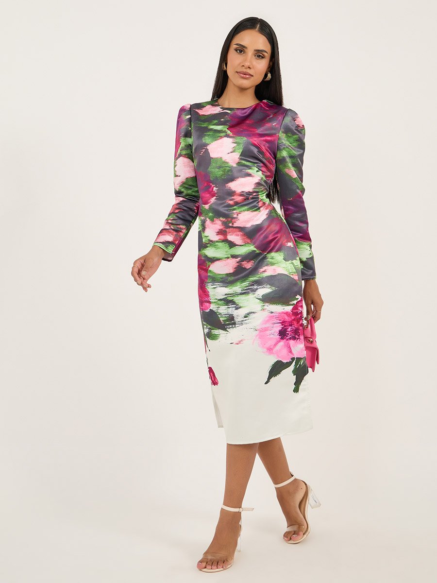 Floral Print Long Sleeves Sheath Midi Dress