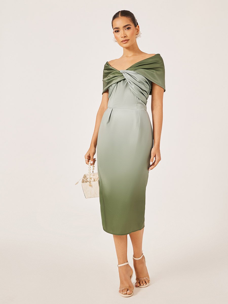 Front Knot Ombre Print Short Sleeves Sheath Midi Dress