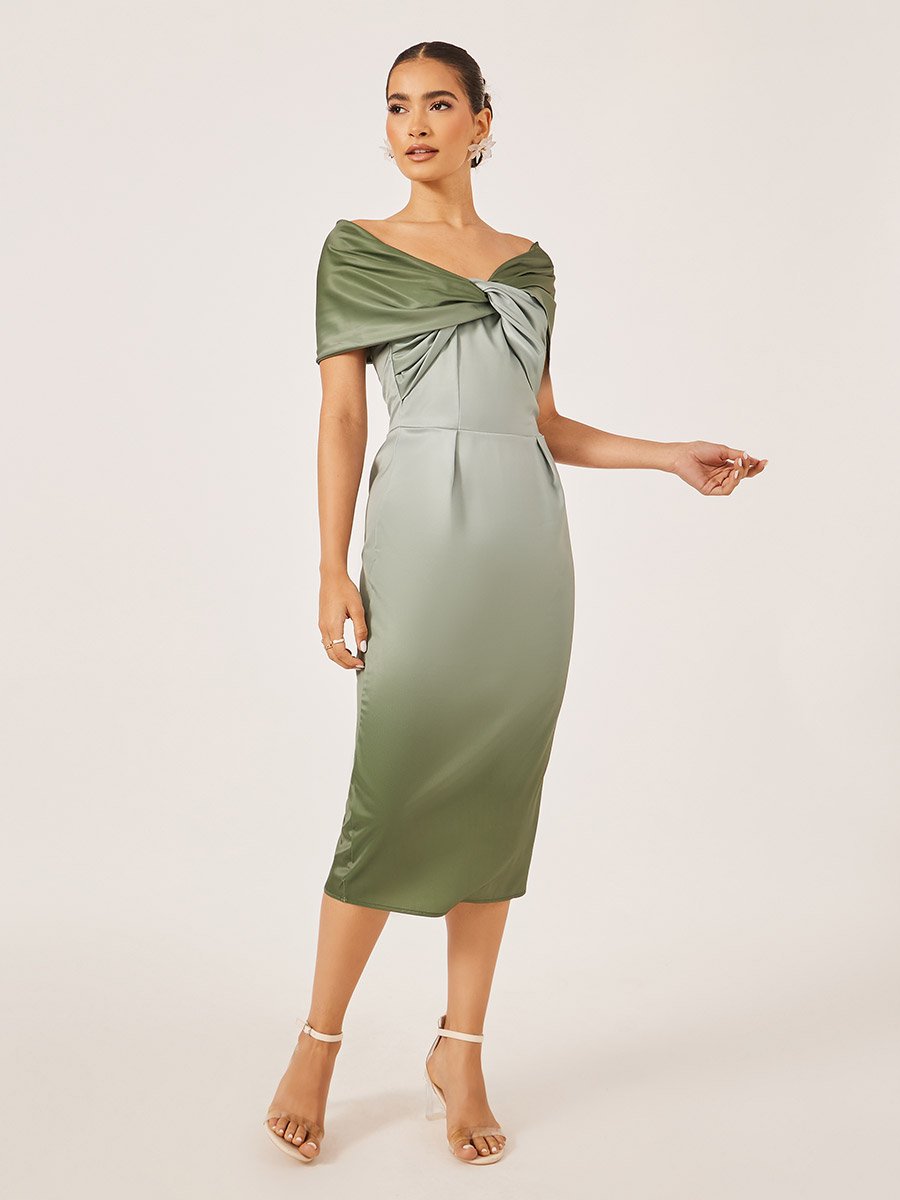 Front Knot Ombre Print Short Sleeves Sheath Midi Dress