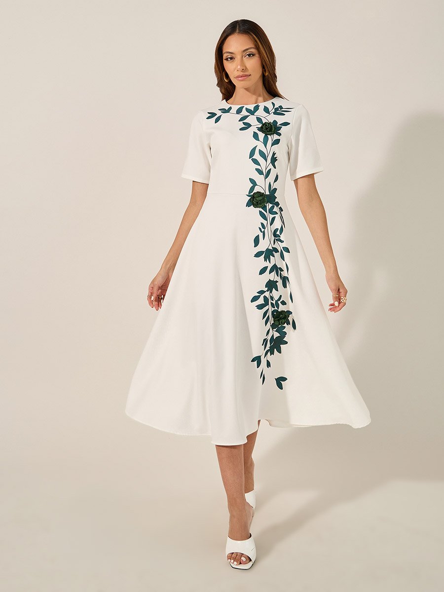 Print Short Sleeves A-Line Midi Dress