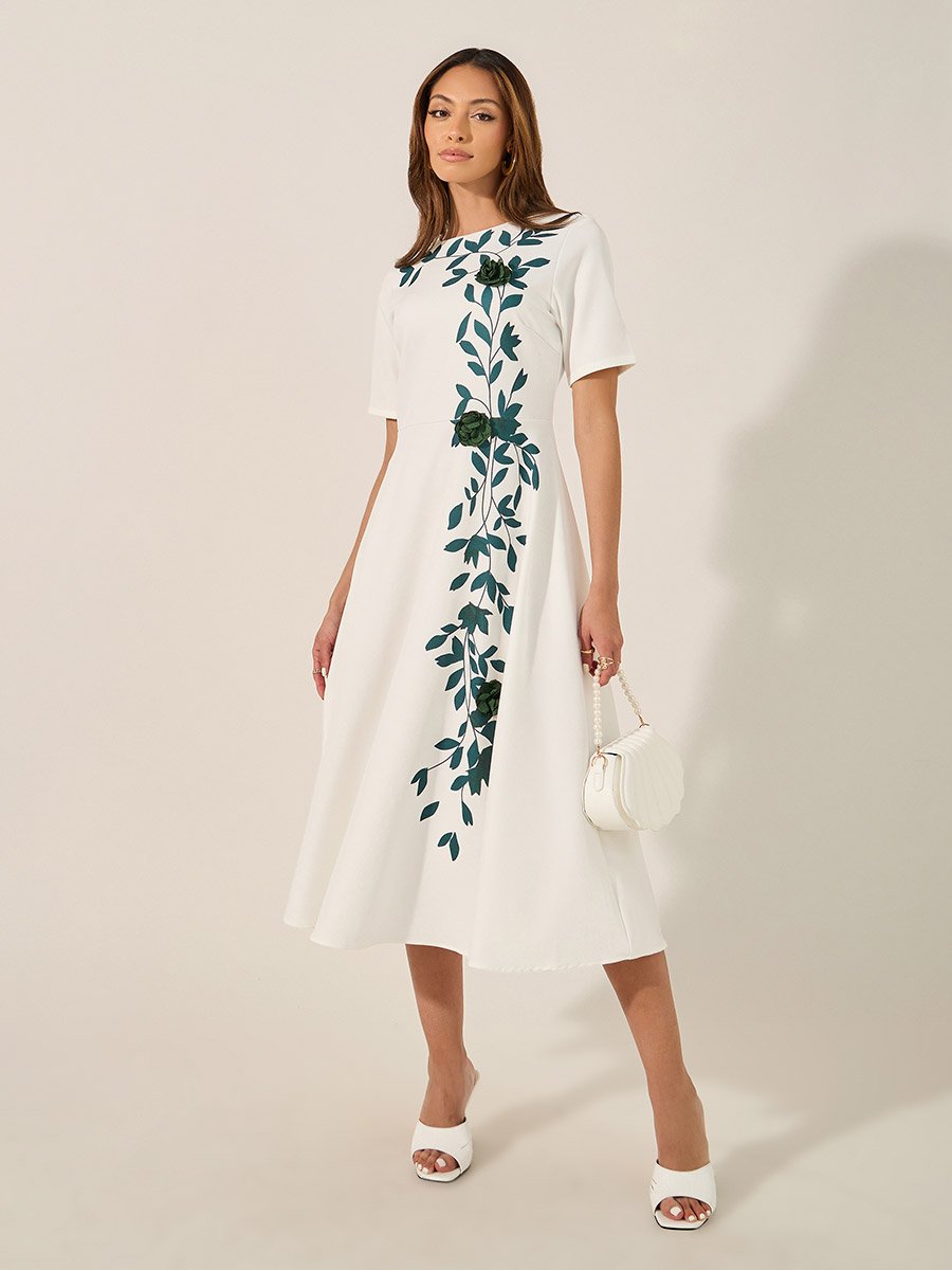 Print Short Sleeves A-Line Midi Dress