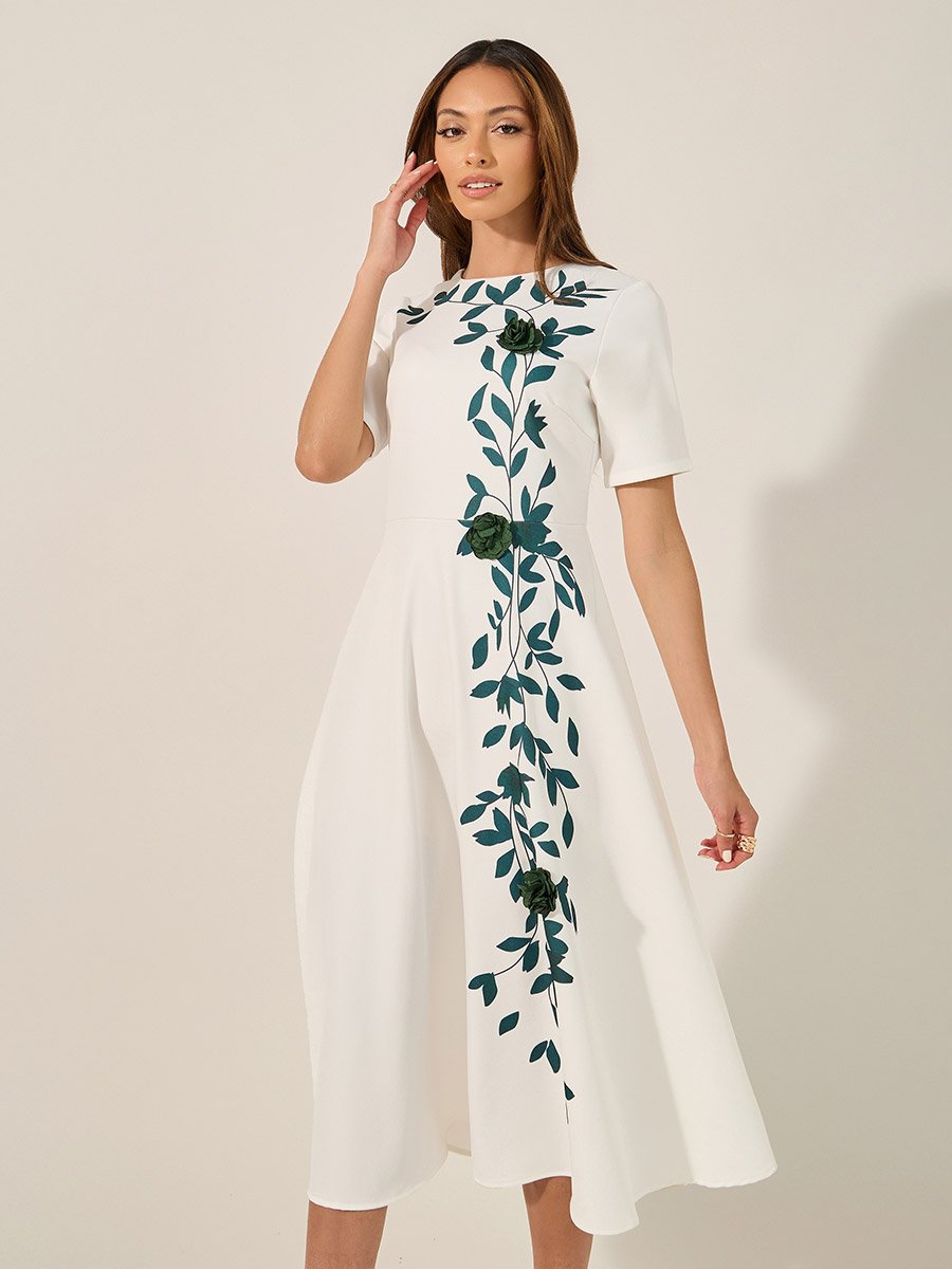 Print Short Sleeves A-Line Midi Dress