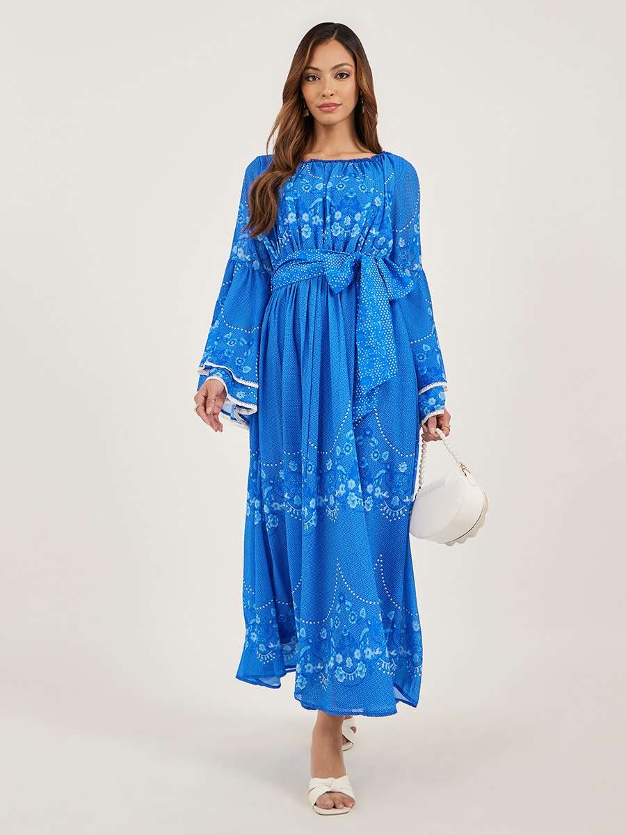Floral Print Layered Long Sleeves A-Line Maxi Dress