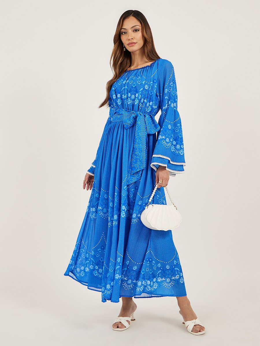 Floral Print Layered Long Sleeves A-Line Maxi Dress