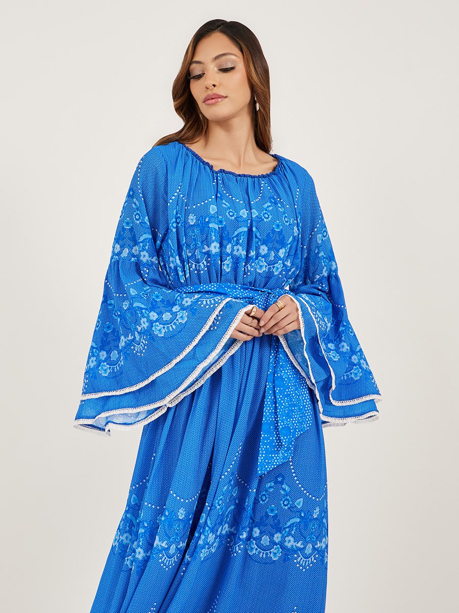 Floral Print Layered Long Sleeves A-Line Maxi Dress