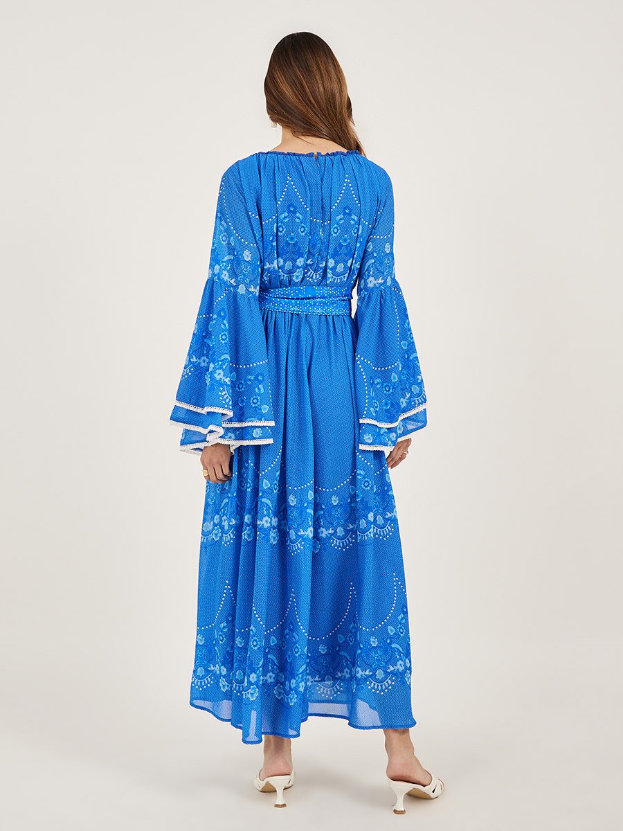 Floral Print Layered Long Sleeves A-Line Maxi Dress