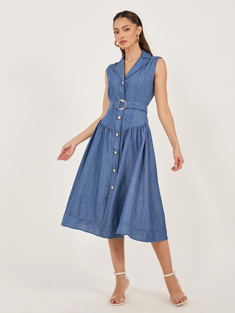 Plain Sleeveless Shirt Midi Dress
