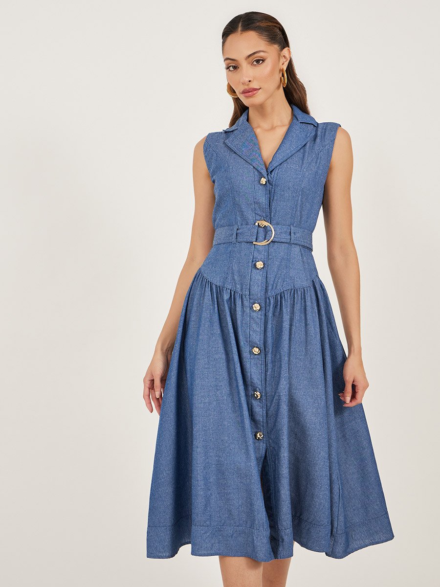 Plain Sleeveless Shirt Midi Dress