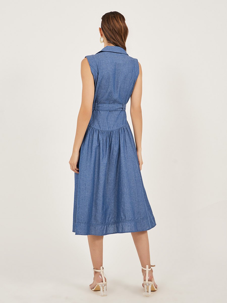 Plain Sleeveless Shirt Midi Dress
