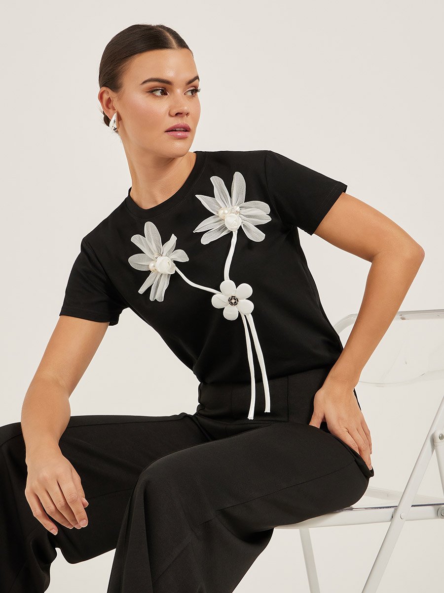 Floral Applique Detail Regular Fit T-Shirt