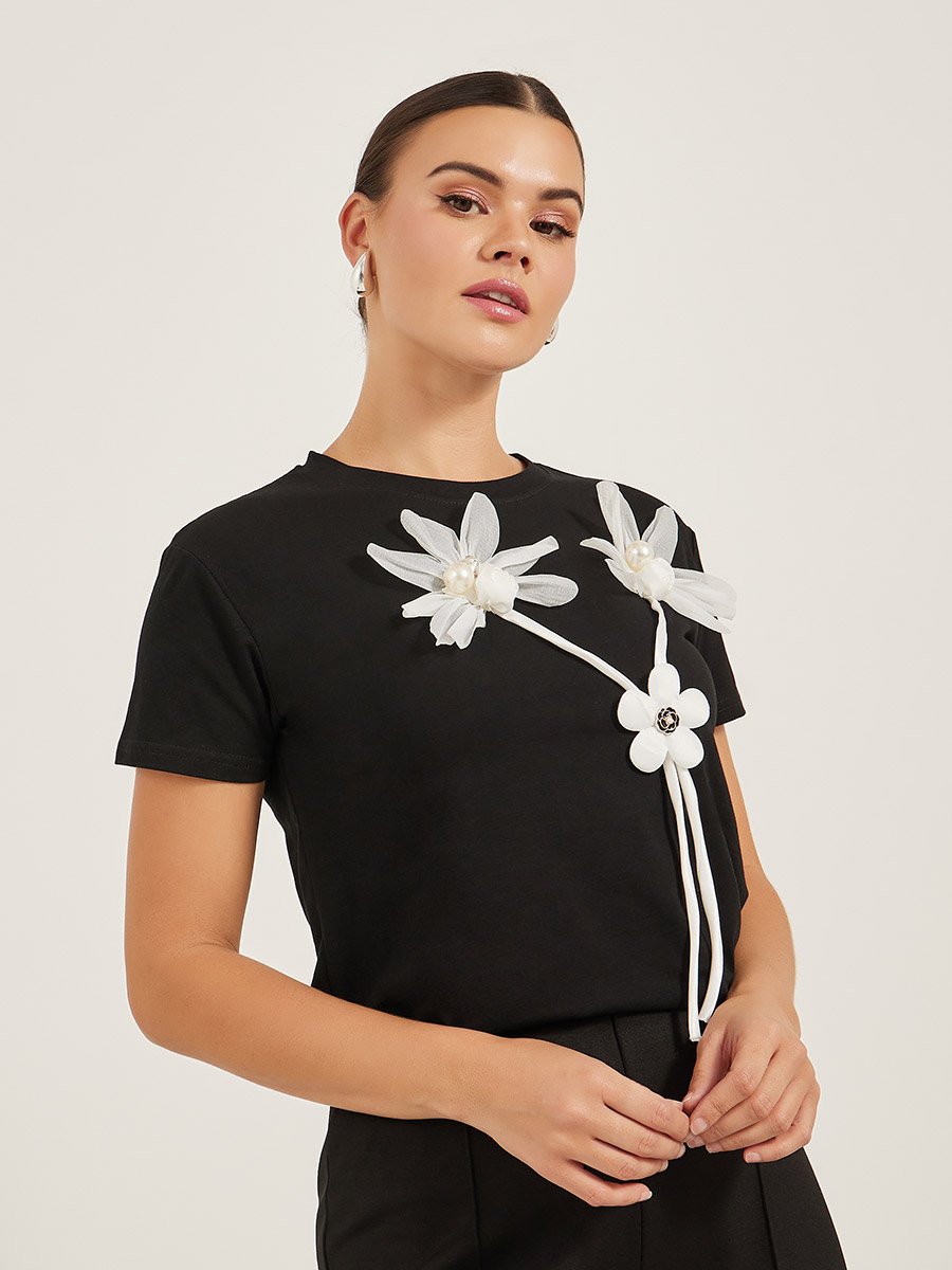 Floral Applique Detail Regular Fit T-Shirt