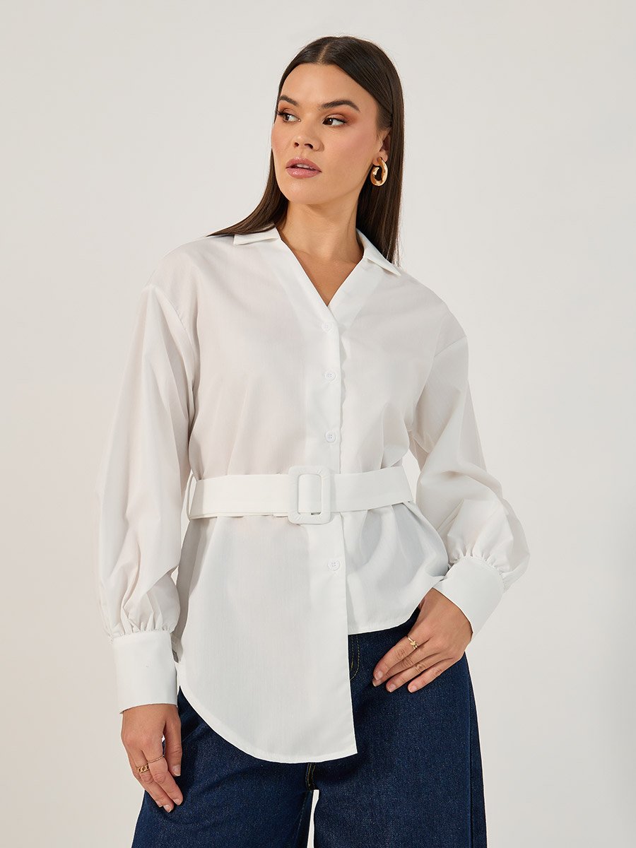 Solid Button-Down Collar Plain Shirt with Belted