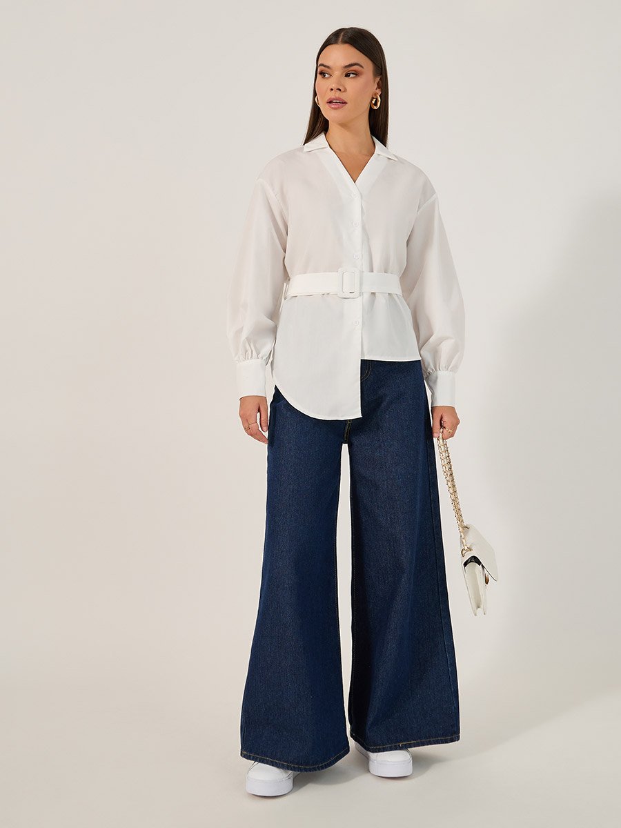 Solid Button-Down Collar Plain Shirt with Belted