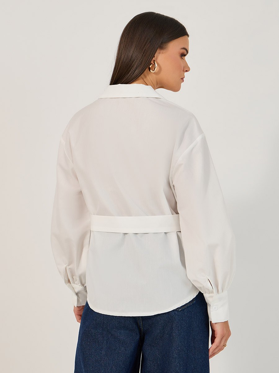 Solid Button-Down Collar Plain Shirt with Belted