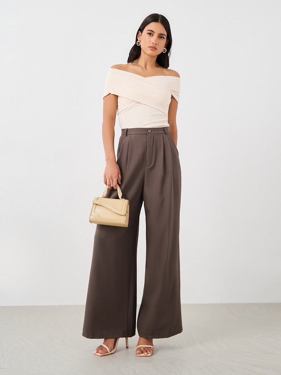 Cream Off Shoulder Wrap Around Knit Top
