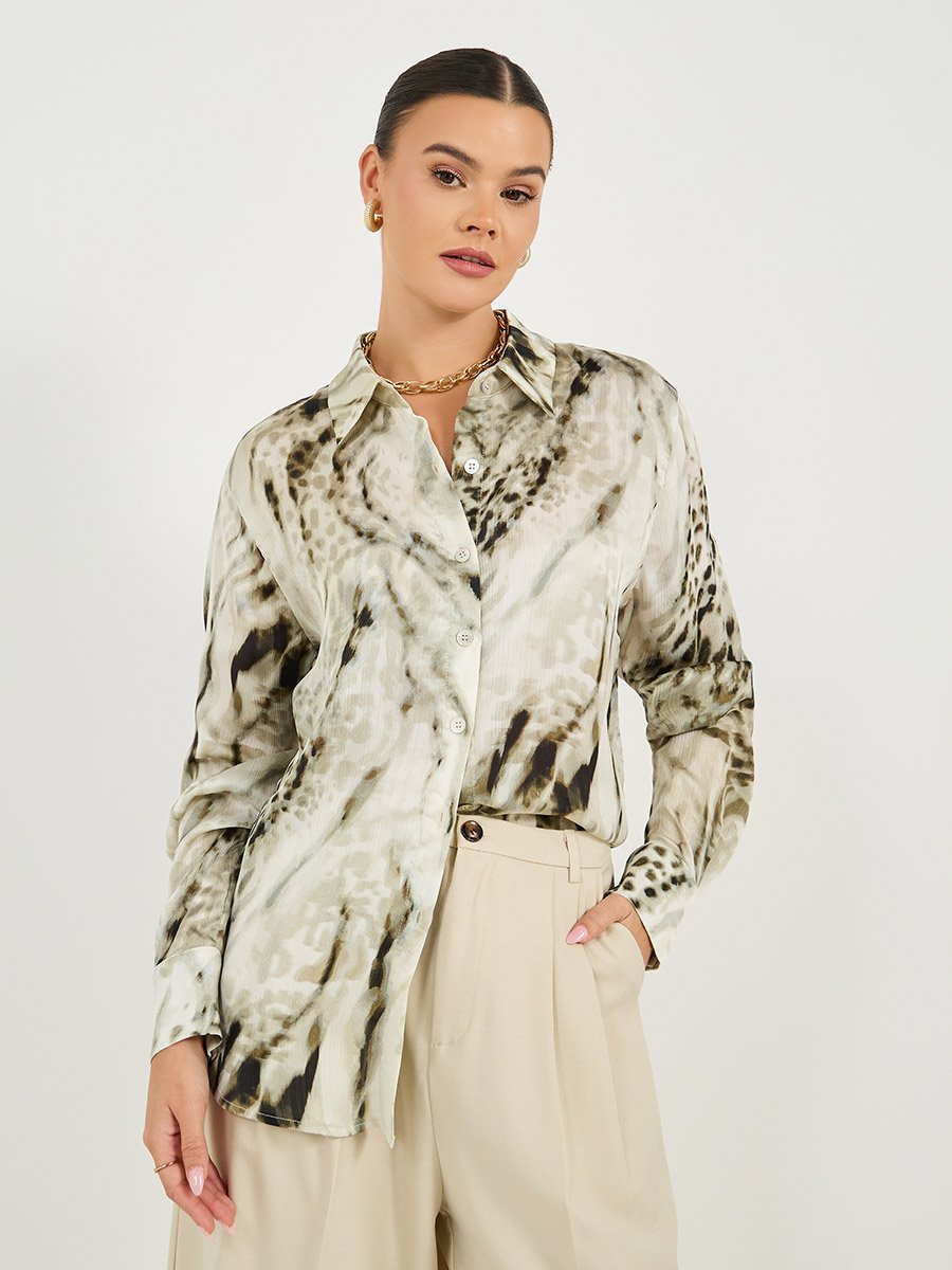 Animal Print Collared Oversized Shirt