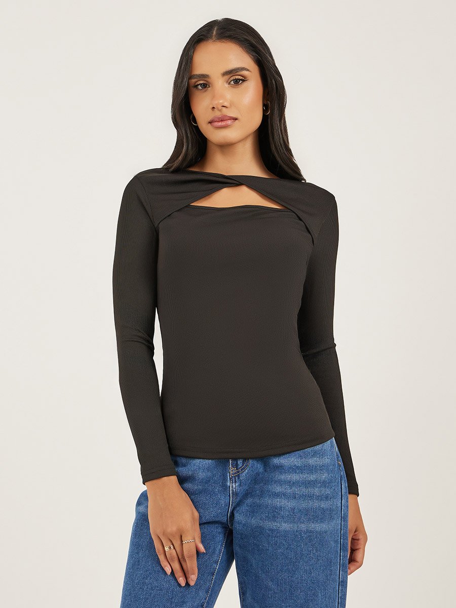 Women Black Ribbed Cut Out Knit Top