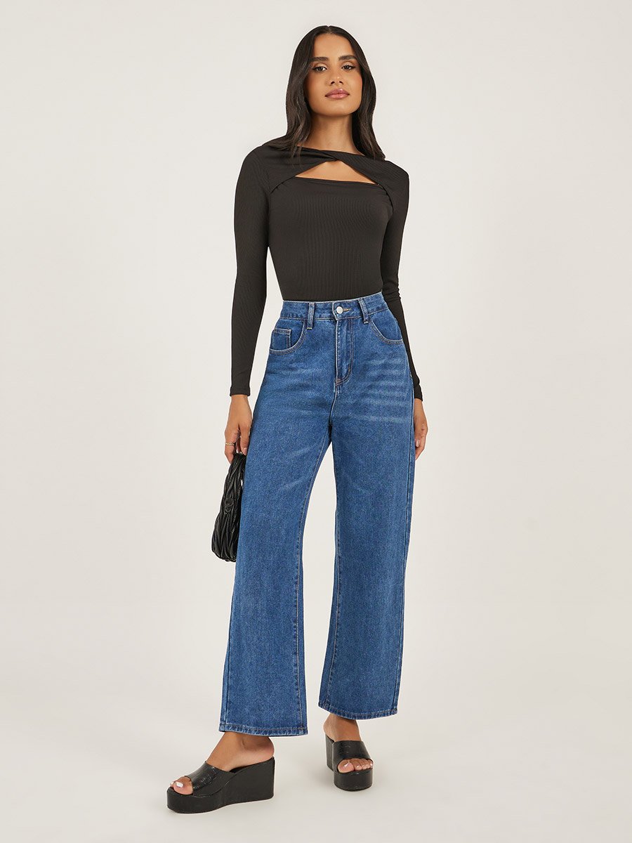 Women Black Ribbed Cut Out Knit Top