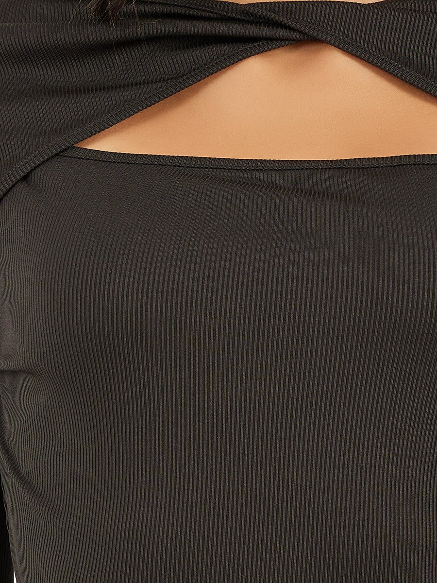 Women Black Ribbed Cut Out Knit Top