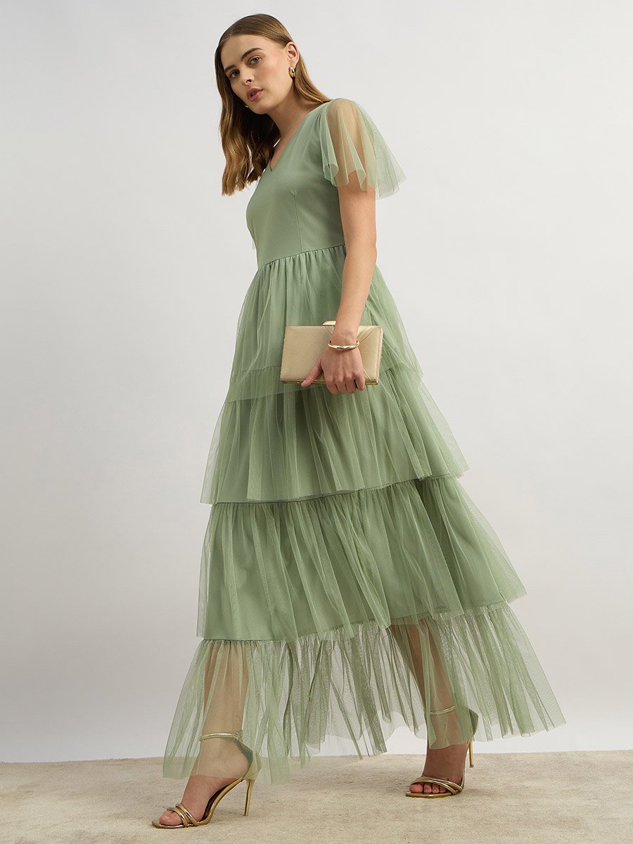 V Neck Layered Net A-Line Maxi Dress For Women at Saudi | Styli