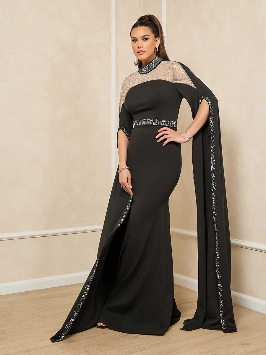 Embellished Cape Sleeve Mesh Insert Mermaid Hem Maxi Dress