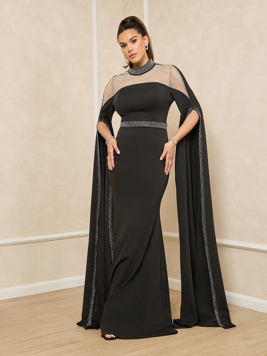 Embellished Cape Sleeve Mesh Insert Mermaid Hem Maxi Dress