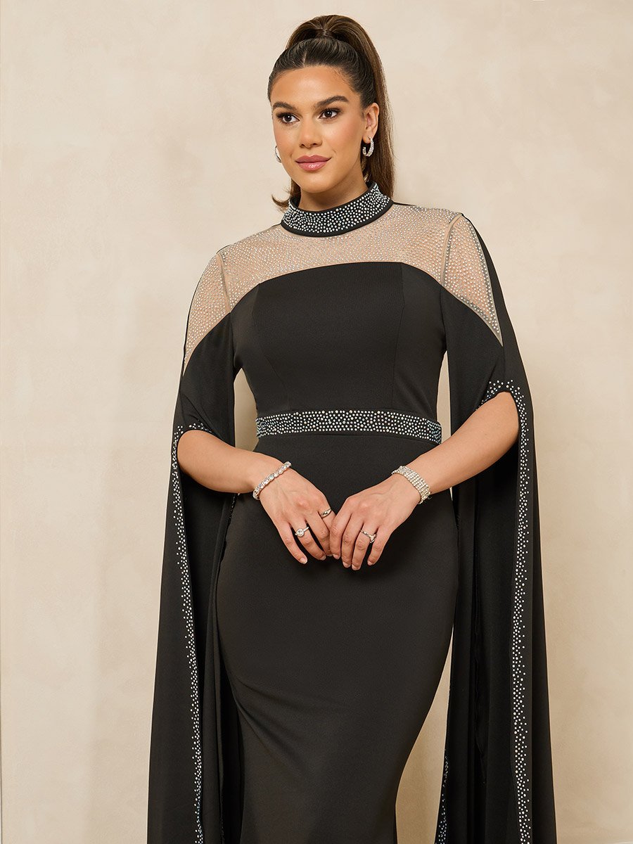 Embellished Cape Sleeve Mesh Insert Mermaid Hem Maxi Dress