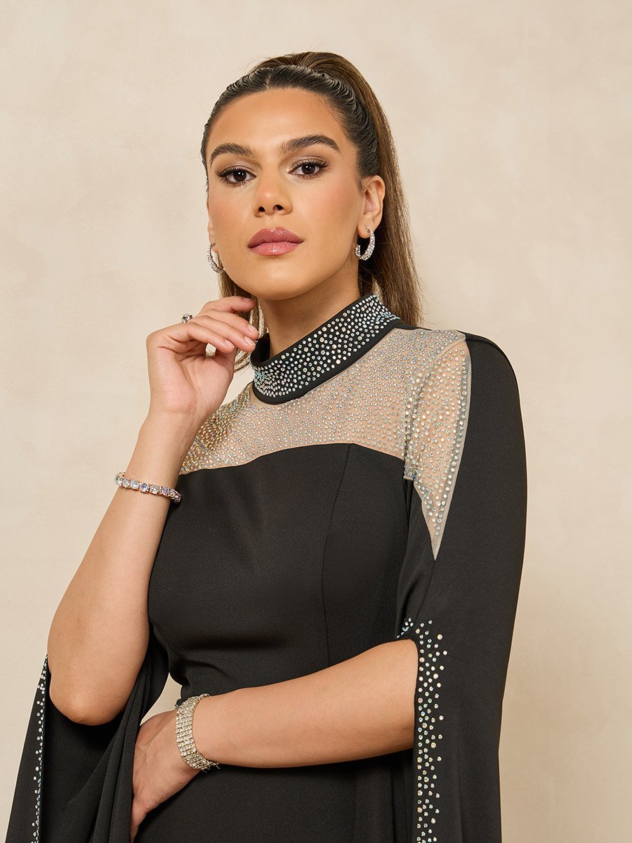 Embellished Cape Sleeve Mesh Insert Mermaid Hem Maxi Dress