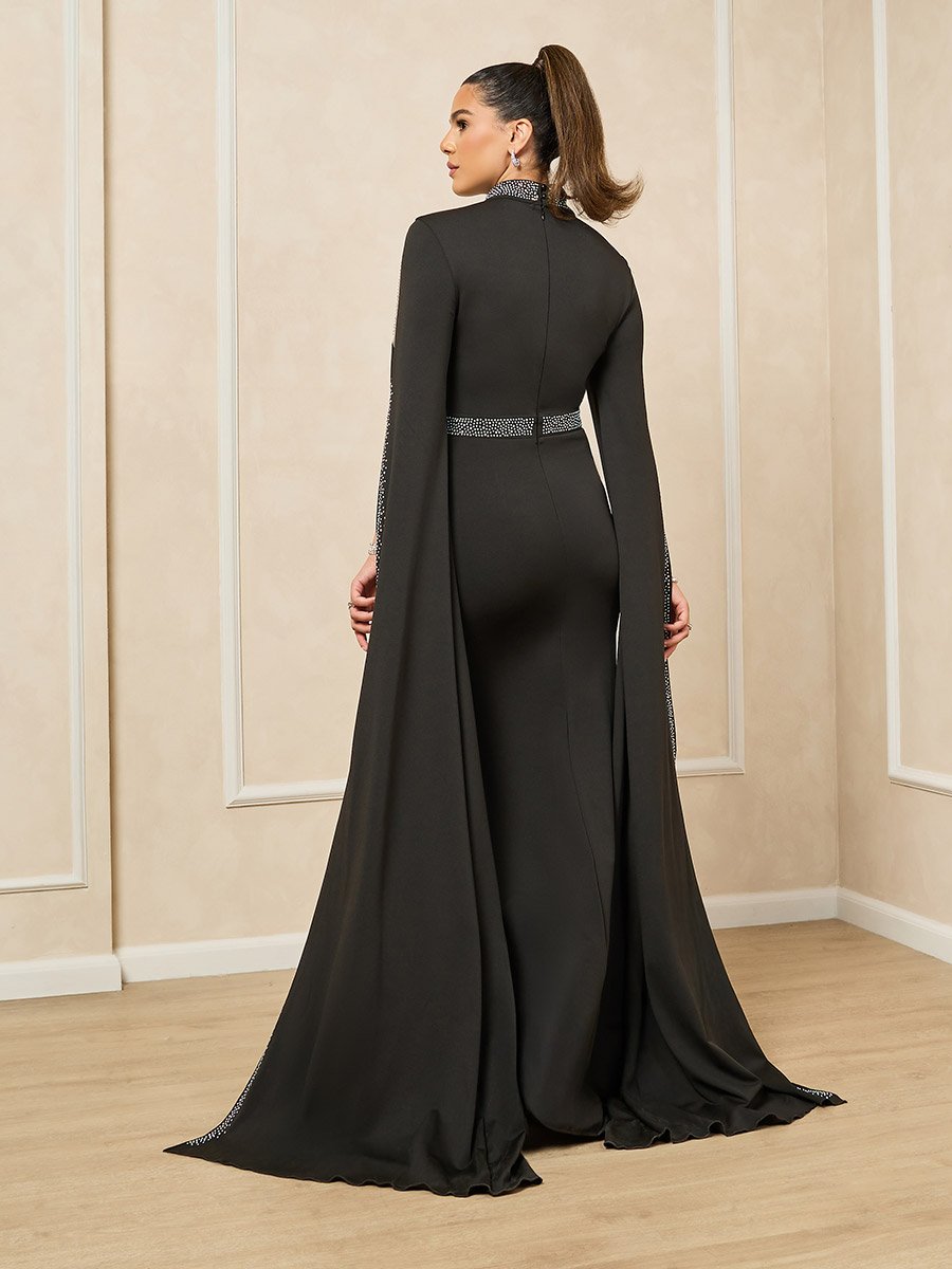 Embellished Cape Sleeve Mesh Insert Mermaid Hem Maxi Dress