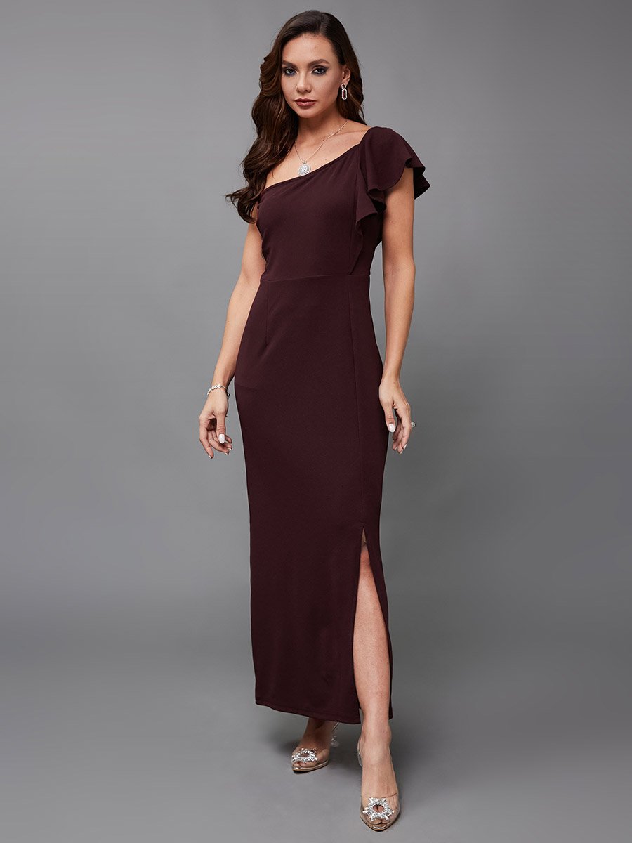 Solid Ruffled One Shoulder Neck Sheath Maxi Dress