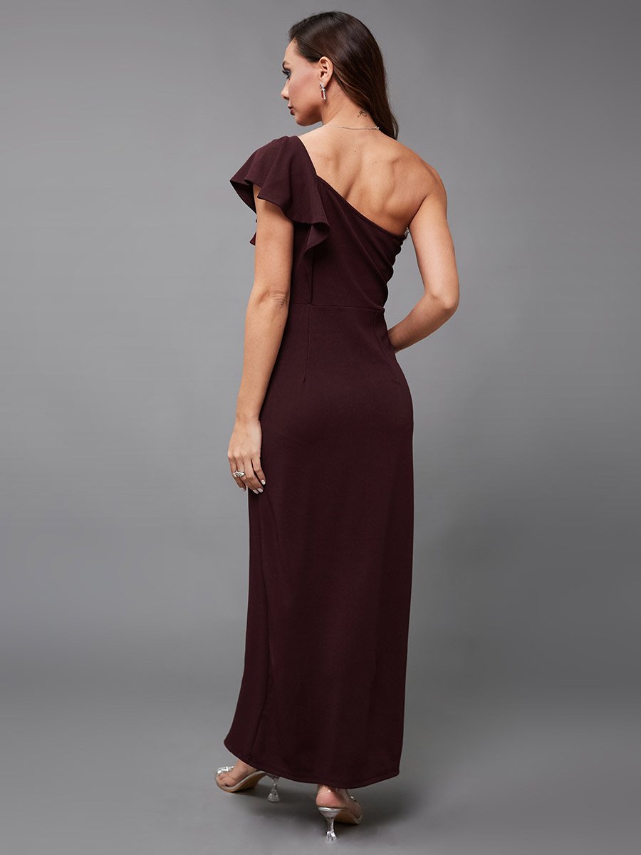 Solid Ruffled One Shoulder Neck Sheath Maxi Dress
