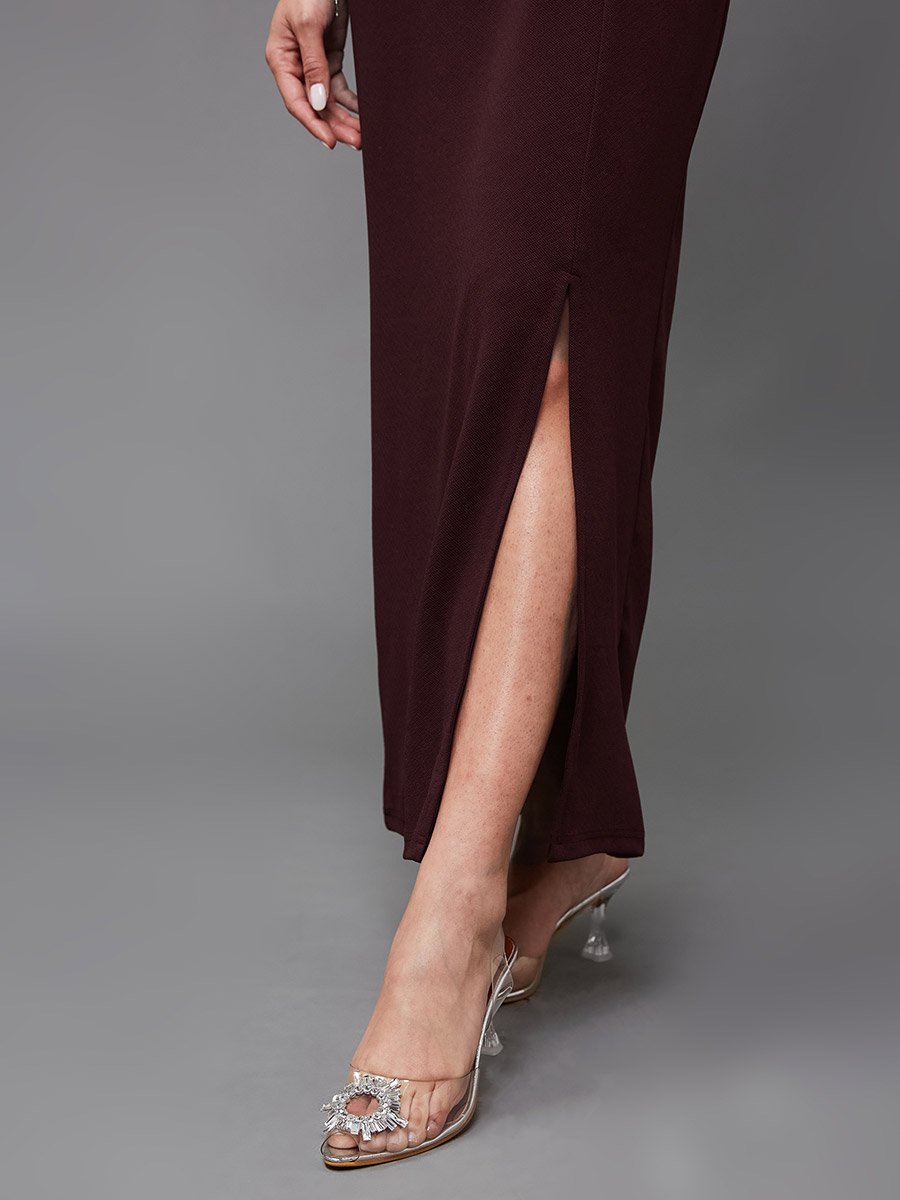 Solid Ruffled One Shoulder Neck Sheath Maxi Dress