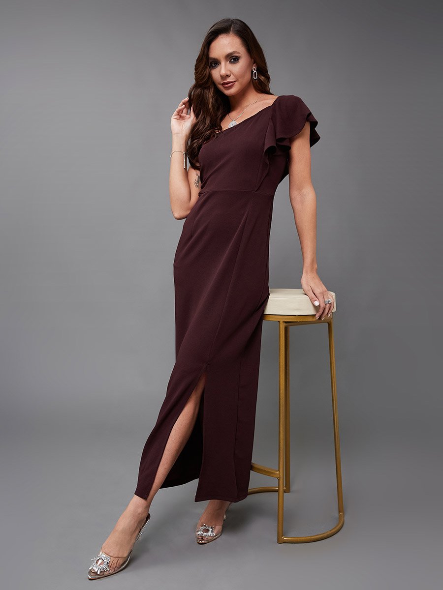 Solid Ruffled One Shoulder Neck Sheath Maxi Dress