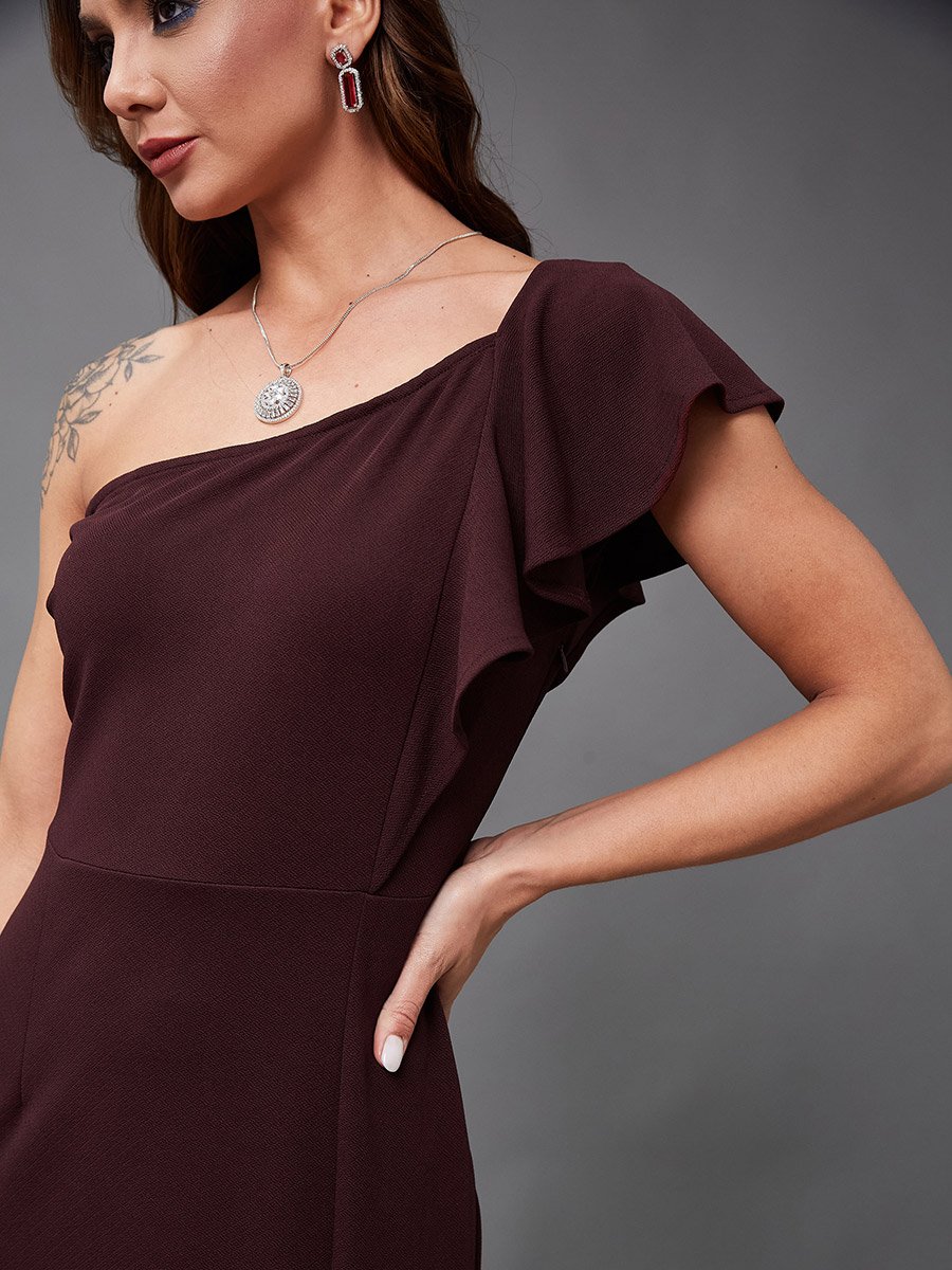 Solid Ruffled One Shoulder Neck Sheath Maxi Dress