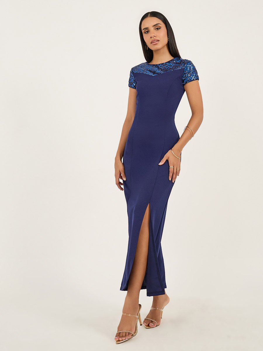 Sequinned Front Slit Detail Sheath Maxi Dress