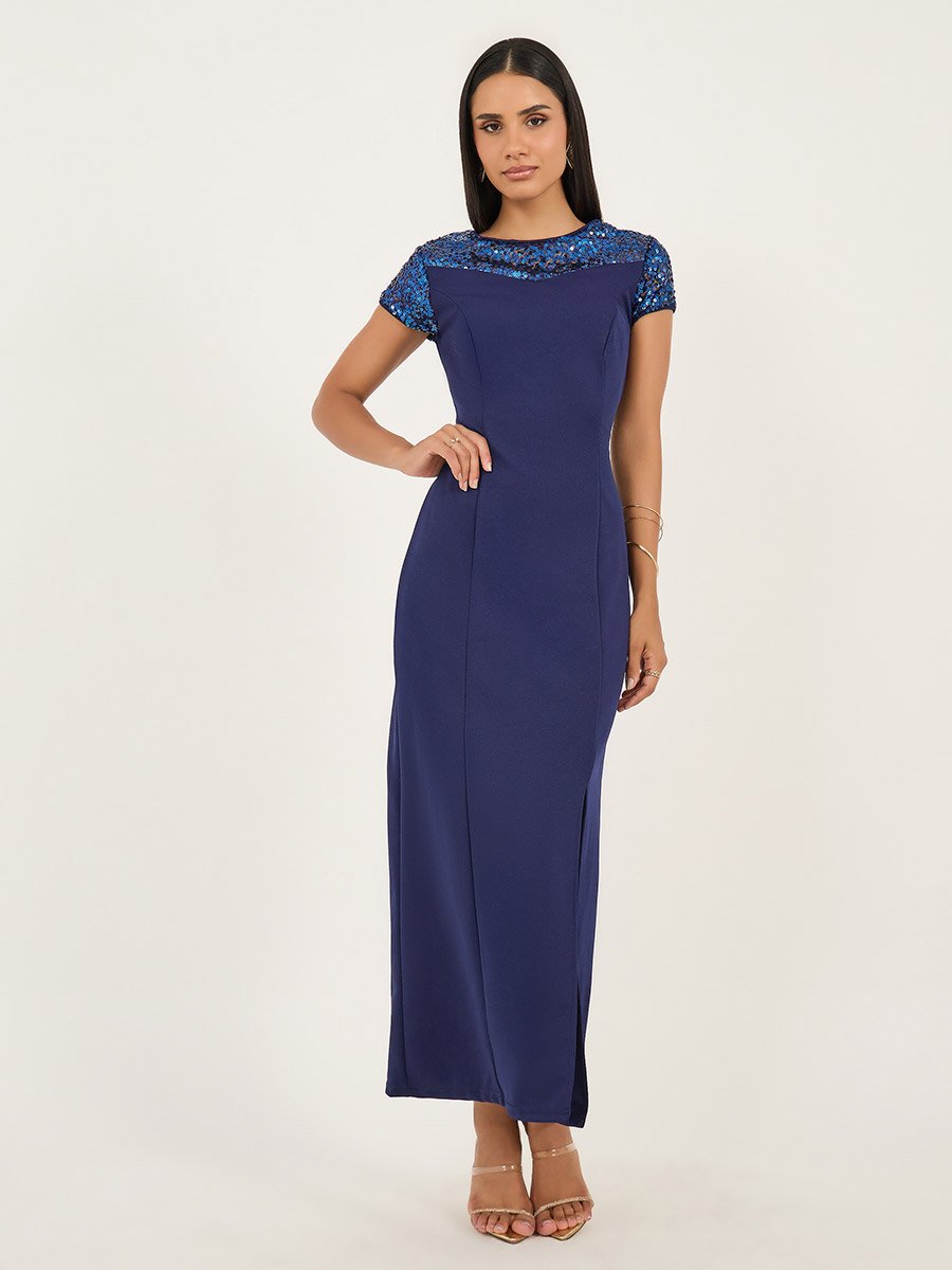Sequinned Front Slit Detail Sheath Maxi Dress